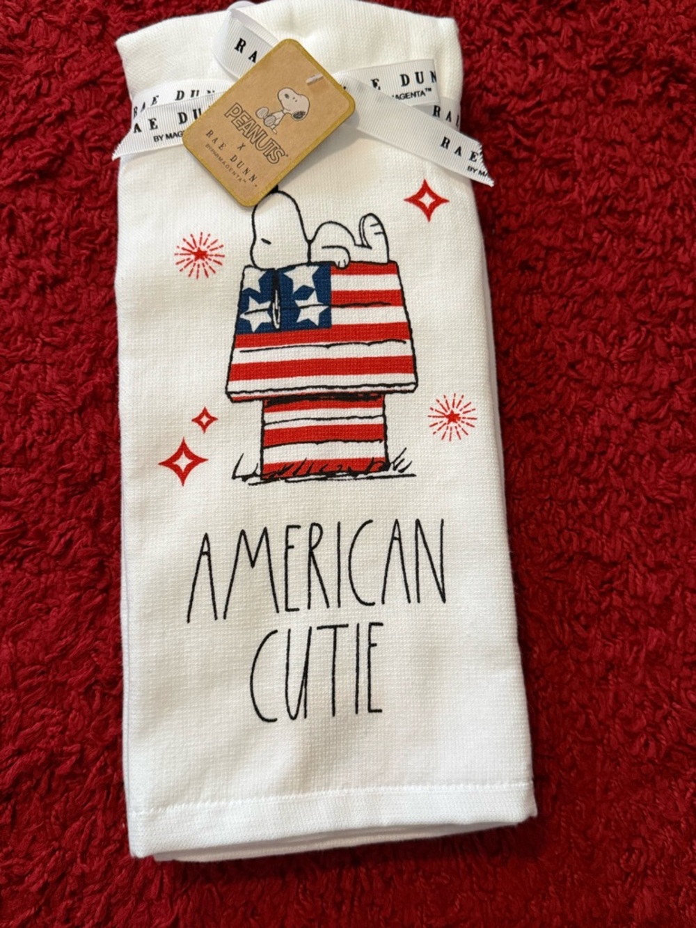 Rae Dunn x Peanuts White Tea Towel w/ Red & Blue Snoopy Doghouse- AMERICAN CUTIE